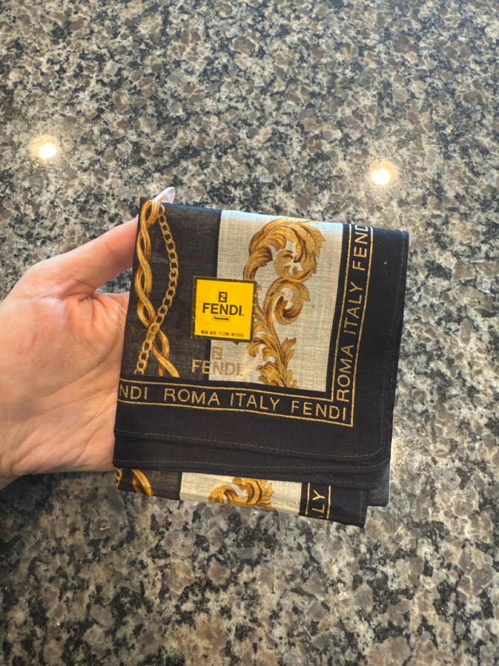 Fendi Black, Gold & Cream Baroque Print Pocket Square